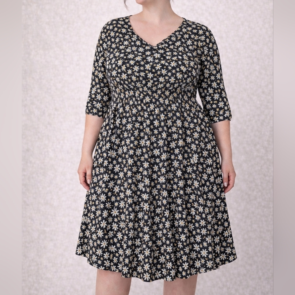Time and Tru Black Floral Midi Dress XXL 20 Smocked Waist 3/4 Sleeve